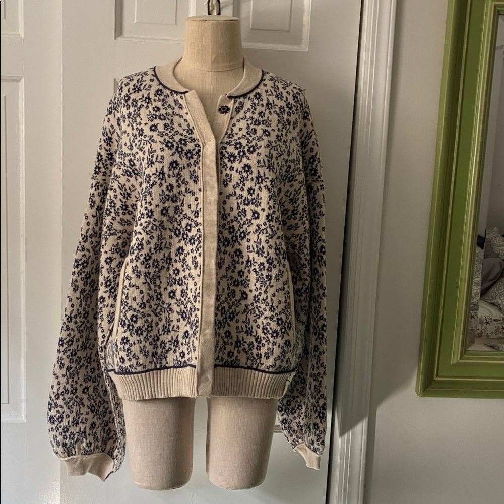 Free People Cream and Blue Floral Bomber Jacket